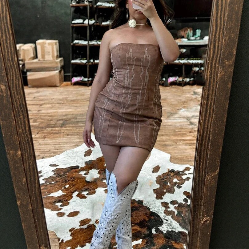 Denim-Style Patchwork Printed Tube Dress